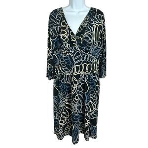 Tiana B. Sheath Dress Sz XL Wrap V-Neck 3/4 Sleeve Black Geometric Print Knee